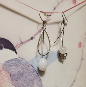 Mismatched White Glass Butterfly Dangle Earrings